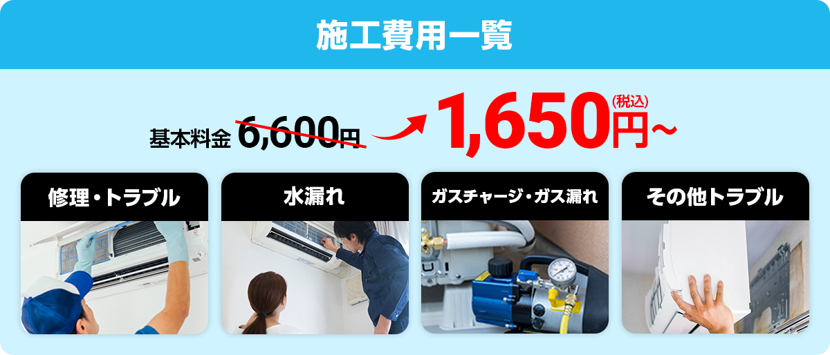 ➀エアコン修理➁水漏れ・ガス漏れ➂取り付け・交換➃入れ替え工事