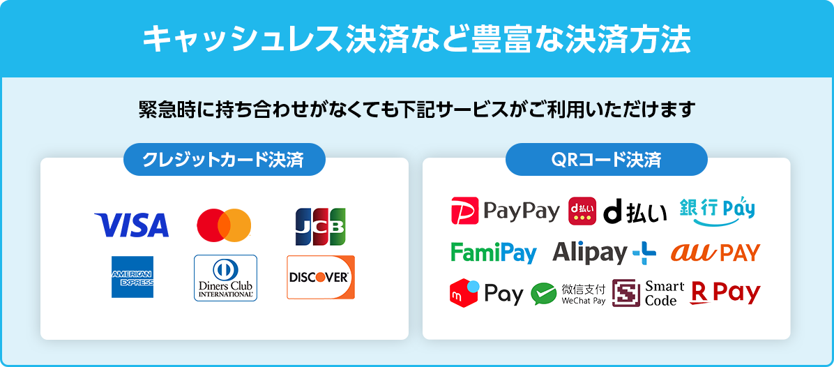 キャッシュレス決済など豊富な決済方法　緊急時に持ち合わせがなくても下記サービスがご利用いただけます